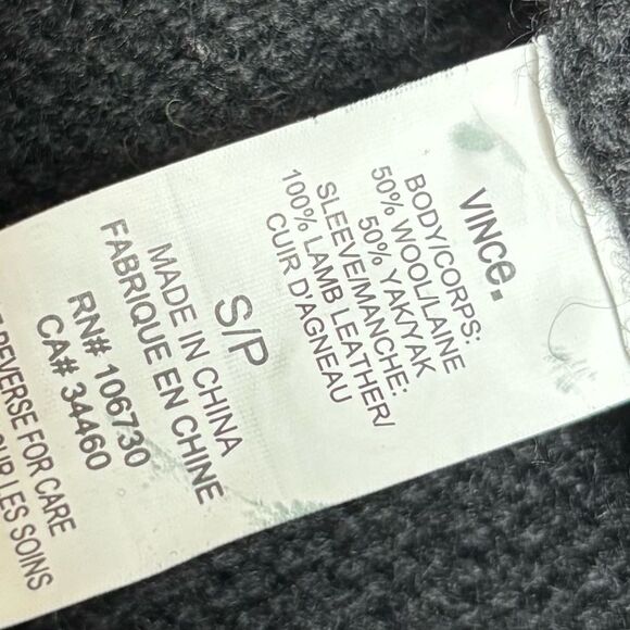 Vince. Lamb Leather Sleeve Draped Wool Sweater Jacket Slate Grey black small - Picture 5 of 7